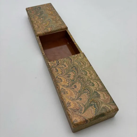 Vintage Il Papiro Firenze Marbled Peacock Paper Woodblock Desk Organizer
